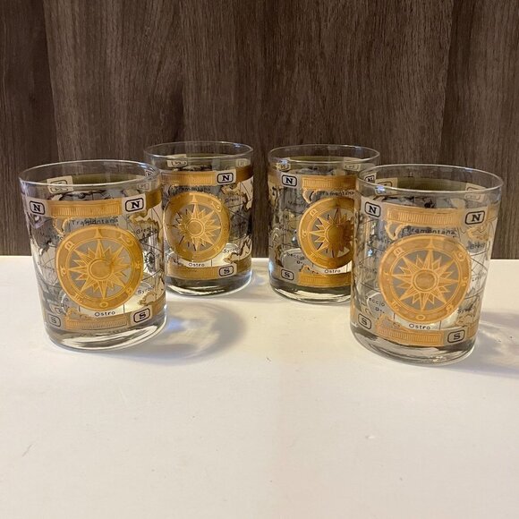 VTG Mid-Century Cera 22K Gold World Atlas Maps Double Old Fashioned Glasses (4) - Picture 1 of 9